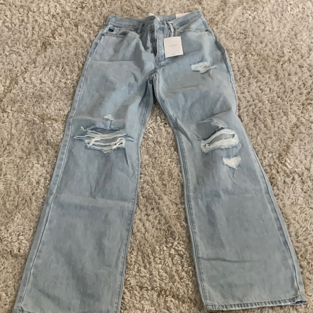 New Kan Can 90s Light Wash High Rise Distressed Wide Leg Denim Jeans